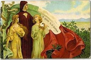 Illustrazione di inizio XX secolo celebrante la lingua del sì con l'immagine di Dante e la sua famosa frase sovrapposta al tricolore